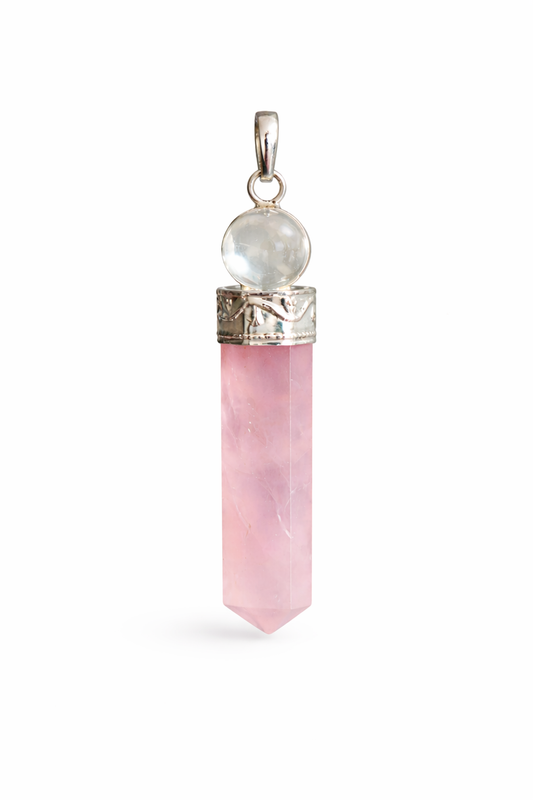 Rozekwarts en Bergkristal Puntige Hanger met Verzilverde Koperen kap - Edelsteen Hanger Roze en Transparant