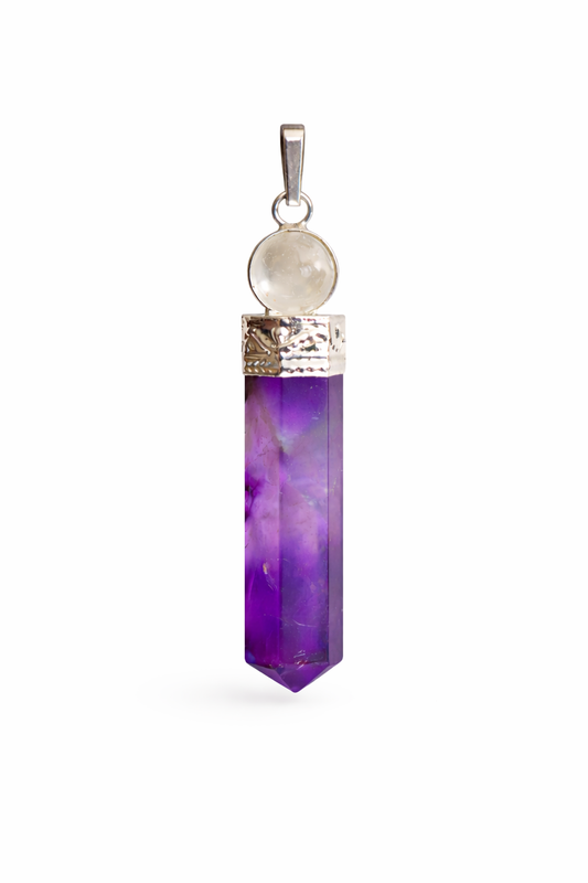 Amethist en Bergkristal Puntige Hanger - Amethist en Bergkristal Puntige Hanger met Verzilverde Koperen Kap – Paarse Edelsteen Hanger – Sieraad - Puntige Hanger