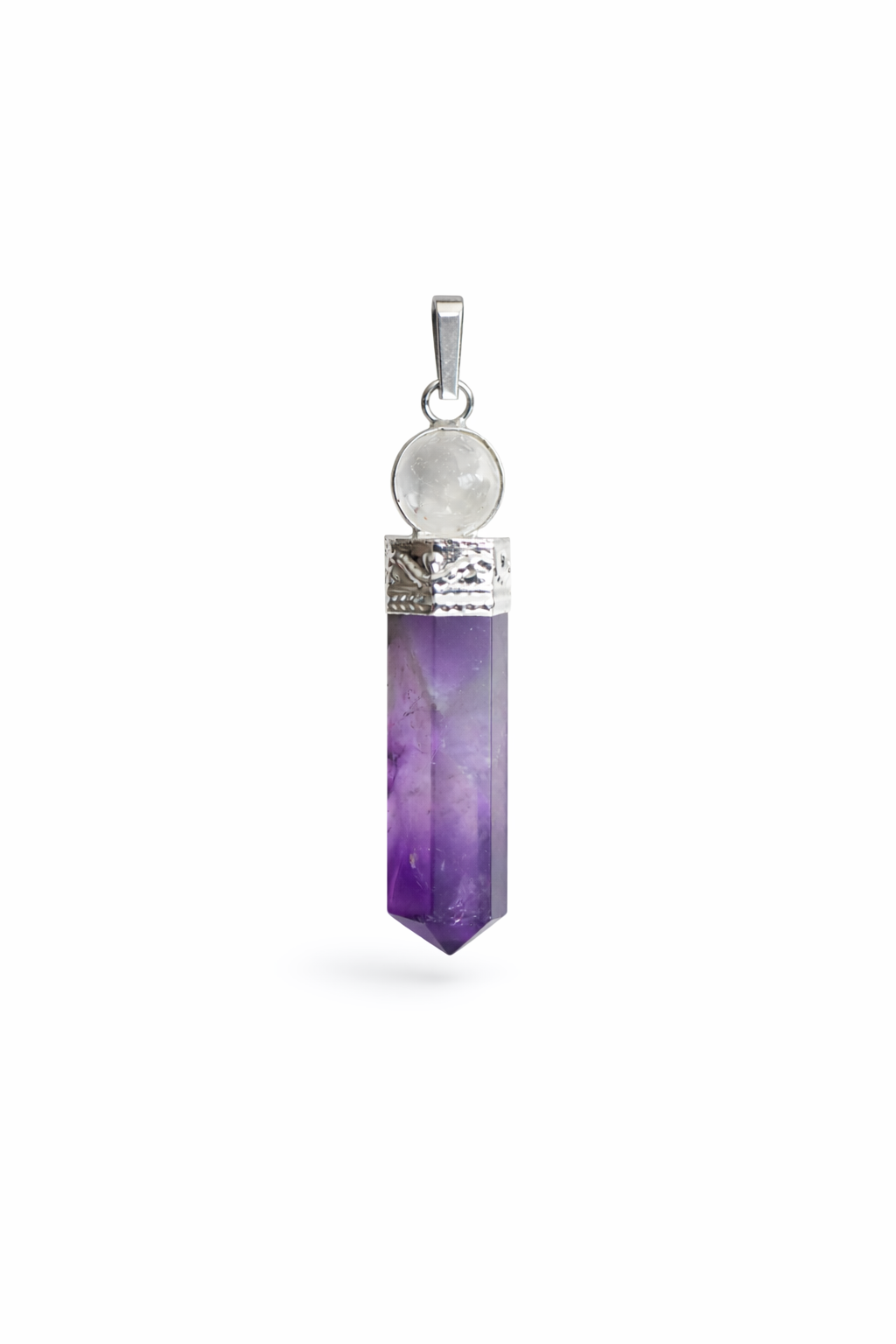 Amethist en Bergkristal Puntige Hanger - Amethist en Bergkristal Puntige Hanger met Verzilverde Koperen Kap – Paarse Edelsteen Hanger – Sieraad - Puntige Hanger