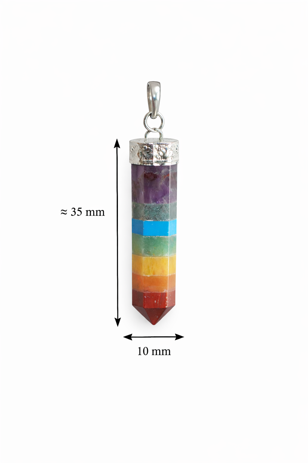 7 Chakra Hanger Puntvormig - Edelsteen Hanger met Verzilverde koper hangerkap - ca. 35 x 10 mm -  Puntvomig hanger -  Chakra hanger – Edelsteen hanger