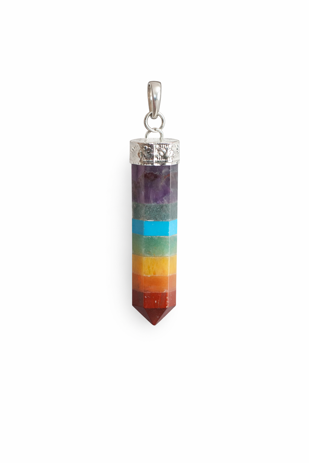 7 Chakra Hanger Puntvormig - Edelsteen Hanger met Verzilverde koper hangerkap - ca. 35 x 10 mm -  Puntvomig hanger -  Chakra hanger – Edelsteen hanger