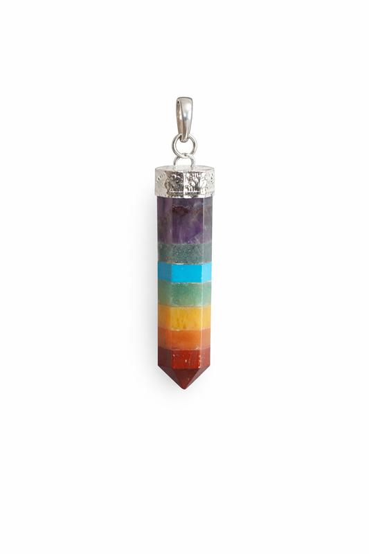7 Chakra Hanger Puntvormig - Edelsteen Hanger met Verzilverde koper hangerkap - ca. 35 x 10 mm -  Puntvomig hanger -  Chakra hanger – Edelsteen hanger