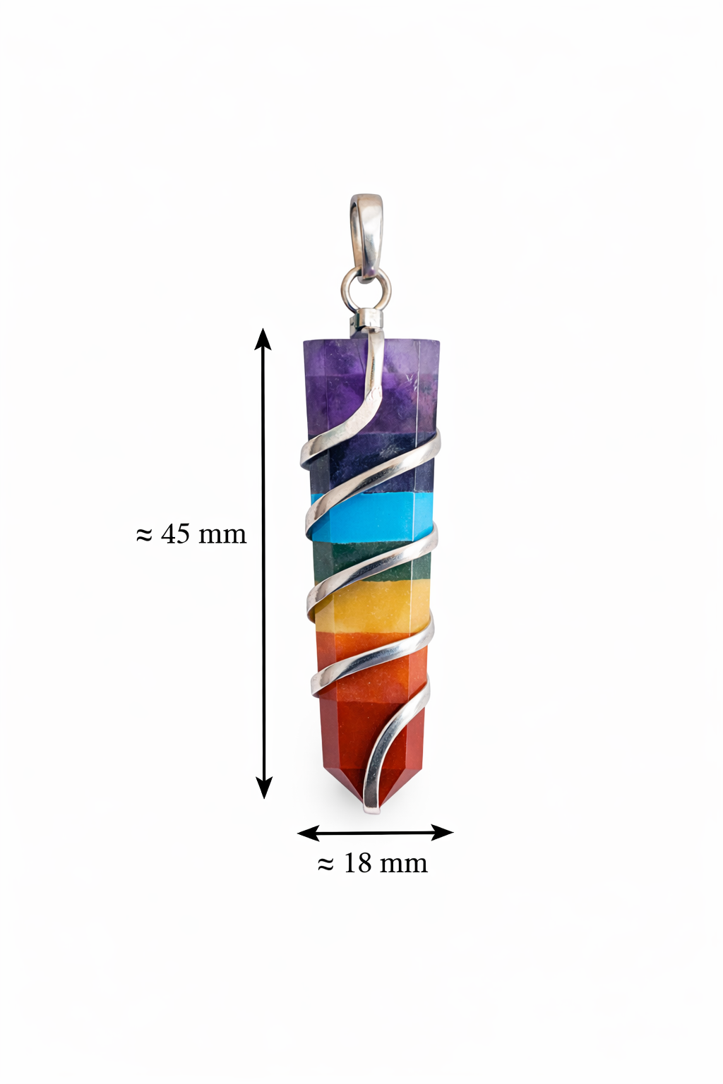 7 Chakra Hanger Punt met Spiraal - Edelsteen Hanger met verzilverde koper wikkel - ca. 45 x 18 mm – Platte chakra hanger