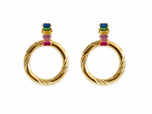 925 Zilveren Oorbellen Verguld – Ronde Goudkleurige Oorbellen met Multicolor Stenen – Diameter 20 mm – Dames Oorbellen