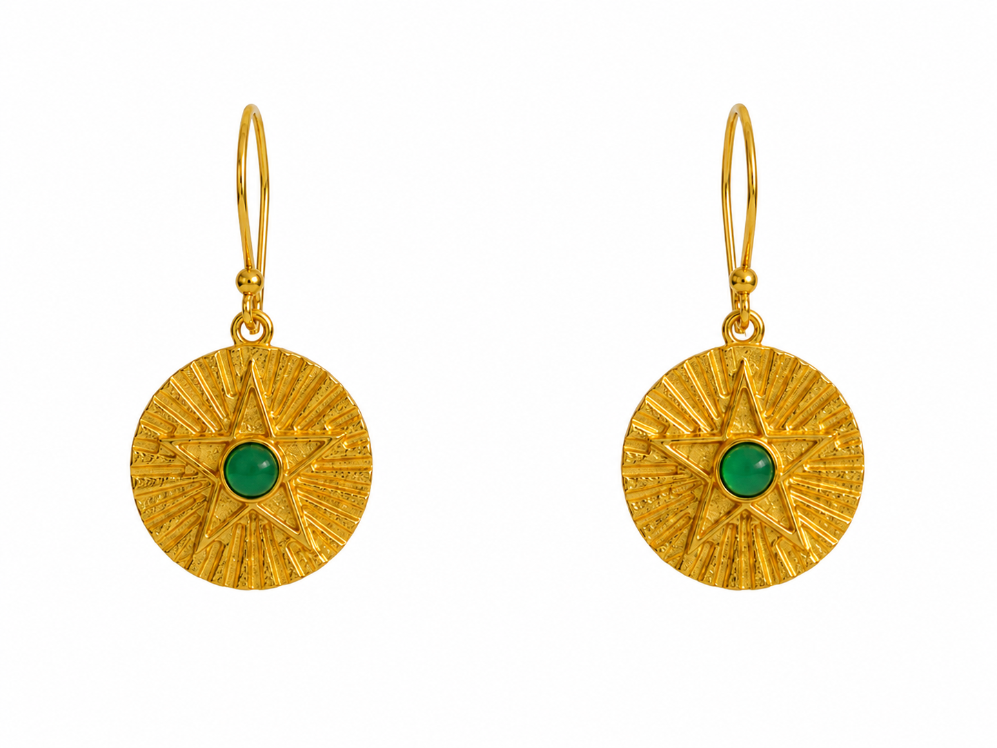 Groene Onyx Oorbellen 925 Zilver – Goudkleurige Oorhangers Ø 20 mm – Ster Design Edelsteen Oorbellen