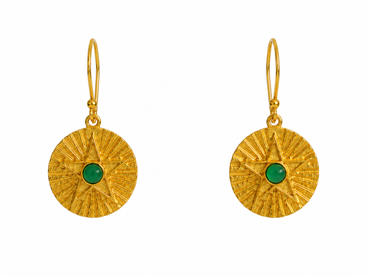 Groene Onyx Oorbellen 925 Zilver – Goudkleurige Oorhangers Ø 20 mm – Ster Design Edelsteen Oorbellen